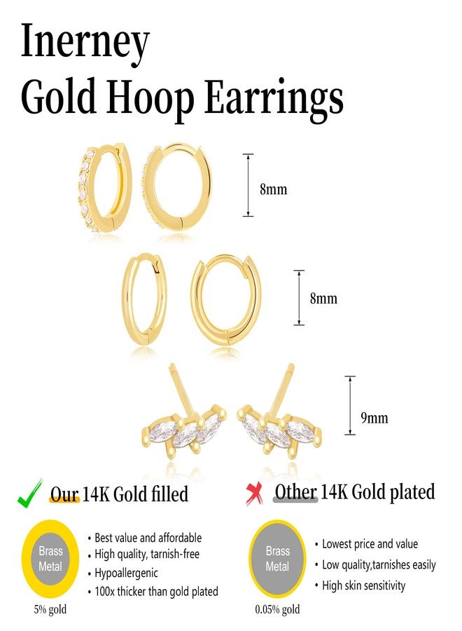 Inerney Gold Hoop Earrings Set for Women, Dainty 14K Small Stud Huggie Earrings for Multiple Piercing Lightweight Hypoallergenic Jewelry, Trendy Climbing Cubic Zircon Cartilage Earrings for Teen Girls - Image 4