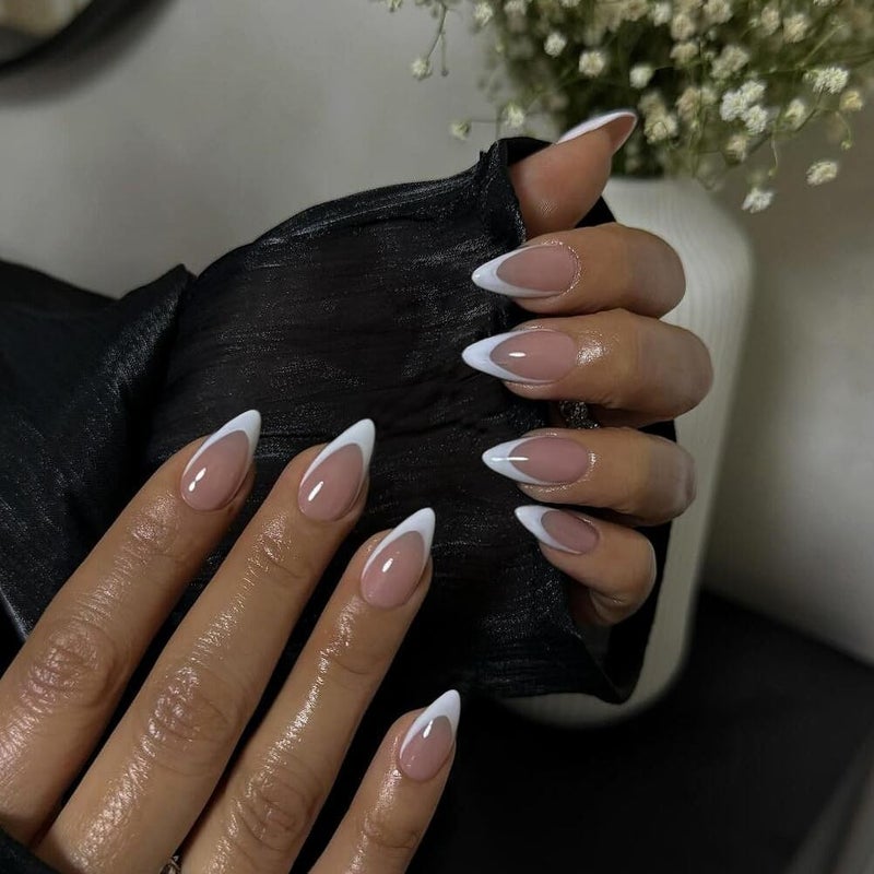 KQueenest 30 Pcs White French Tip Press on Nails Short Almond Nails Acrylic, Natural Nude Pink Medium Fake Nails Press ons, Classic Glue on Nails Short, Gel French Nails for Women Wedding Office - Image 1
