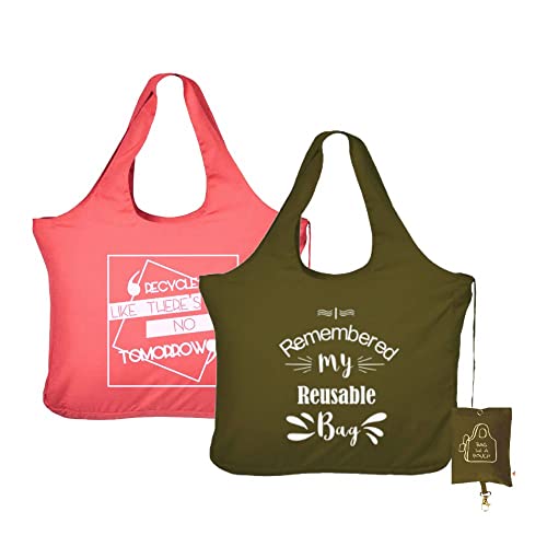 IVILLAGE Unisex Foldable Reusable Polyester Bags for Shopping, Stylish Designer Tote & Shopper Shoulder Bag, Lightweight, & Eco Friendly Handbag with 12Kg Capacity, Pink & Green - Image 1