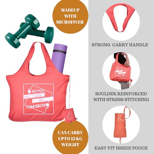 IVILLAGE Unisex Foldable Reusable Polyester Bags for Shopping, Stylish Designer Tote & Shopper Shoulder Bag, Lightweight, & Eco Friendly Handbag with 12Kg Capacity, Pink & Green - Image 3