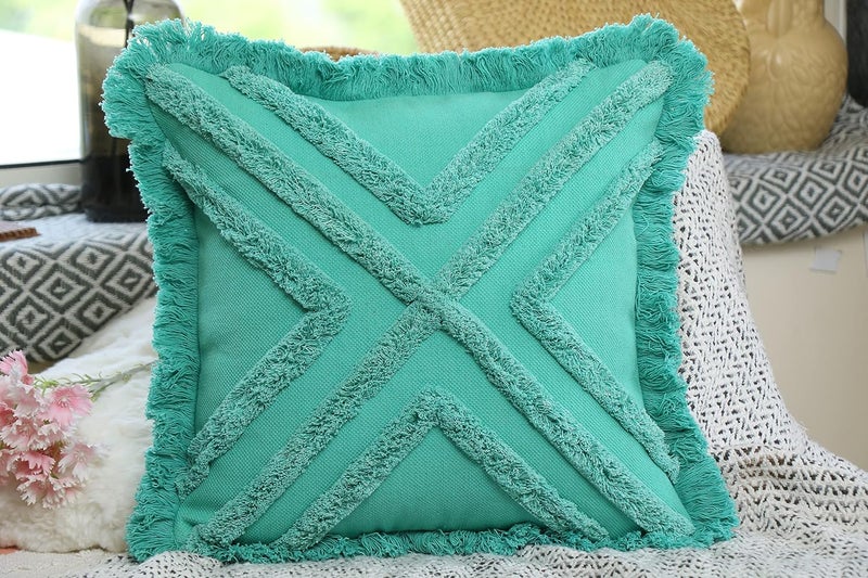 IMPEXART PVT LTD 18x18 Inches Cotton Turquoise Boho Shaggy Square Geometric Desgin Cushion Cover for Decor Couch Sofa Bedroom Living Room Farmhouse Indoor Outdoor - Image 1