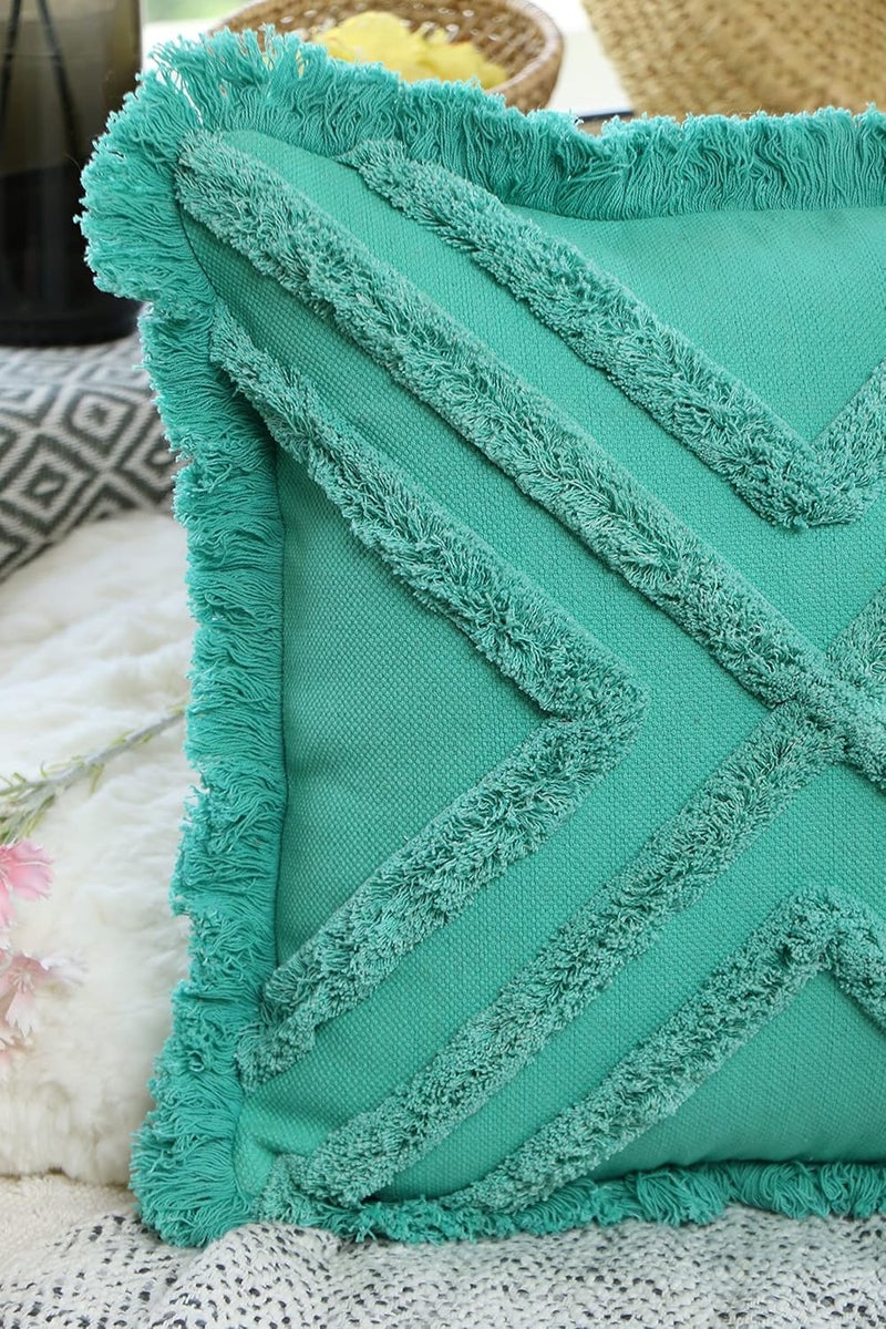 IMPEXART PVT LTD 18x18 Inches Cotton Turquoise Boho Shaggy Square Geometric Desgin Cushion Cover for Decor Couch Sofa Bedroom Living Room Farmhouse Indoor Outdoor - Image 2