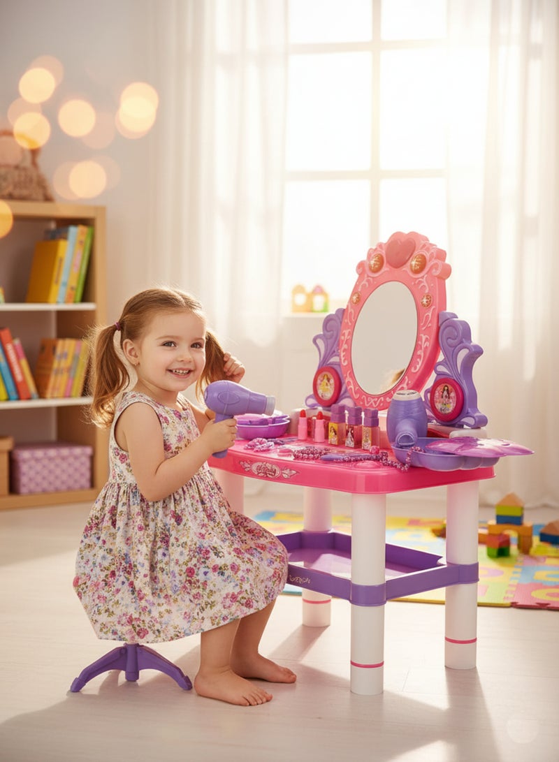 رالي طاولة مكياج ألعاب للأطفال مع مرآة وأدوات تجميل وإضاءة - تصميم أميرة وردي بنفسجي مع كرسي صغير - تسريحة مثالية لهدايا البنات وتنمية الخيال واللعب التفاعلي - Image 1