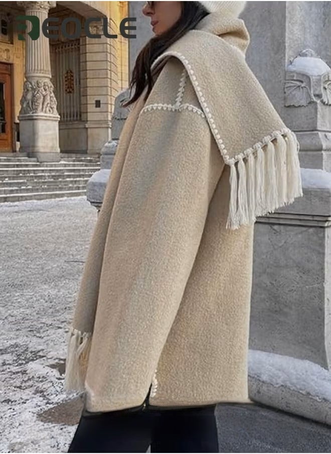 REOCLE Womens Embroidered Scarf Jacket Oversized Button Down Wool Blend Coat Causal Winter Outwear with Tassel Scarf Khaki - Image 5