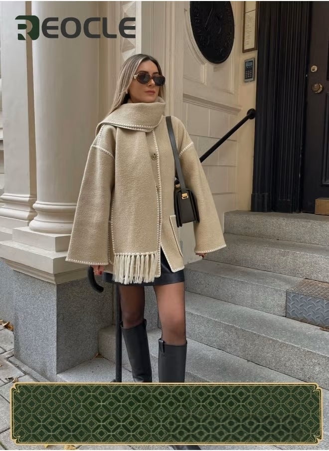 REOCLE Womens Embroidered Scarf Jacket Oversized Button Down Wool Blend Coat Causal Winter Outwear with Tassel Scarf Khaki - Image 1