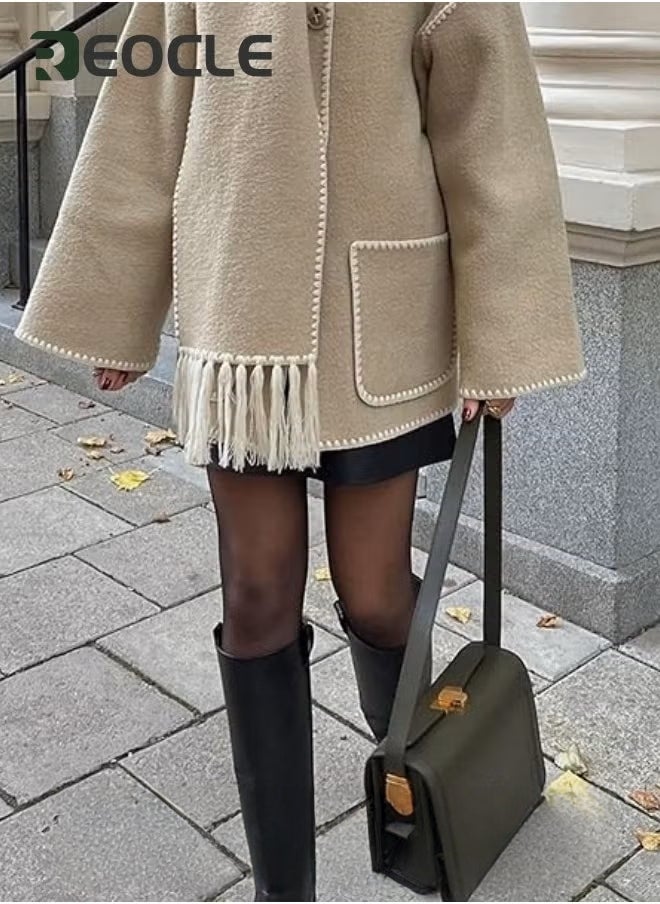 REOCLE Womens Embroidered Scarf Jacket Oversized Button Down Wool Blend Coat Causal Winter Outwear with Tassel Scarf Khaki - Image 3