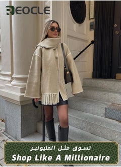 Womens Embroidered Scarf Jacket Oversized Button Down Wool Blend Coat Causal Winter Outwear with Tassel Scarf Khaki