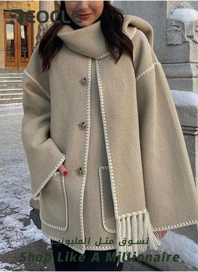 REOCLE - Womens Embroidered Scarf Jacket Oversized Button Down Wool Blend Coat Causal Winter Outwear with Tassel Scarf Khaki - Image 1
