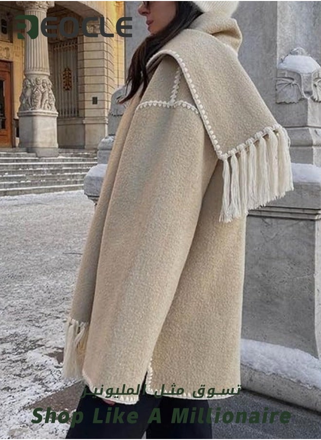 REOCLE - Womens Embroidered Scarf Jacket Oversized Button Down Wool Blend Coat Causal Winter Outwear with Tassel Scarf Khaki - Image 1