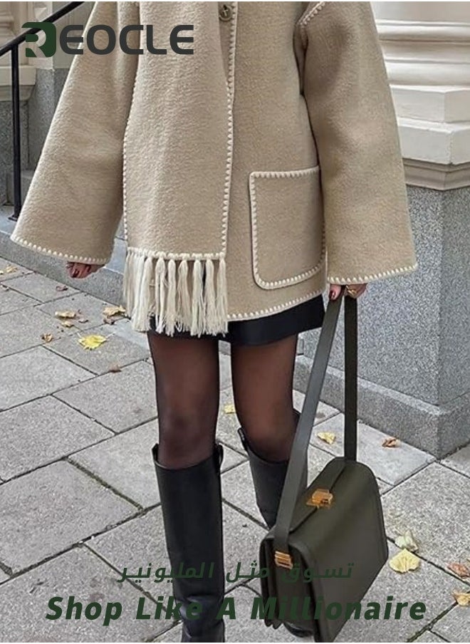 REOCLE - Womens Embroidered Scarf Jacket Oversized Button Down Wool Blend Coat Causal Winter Outwear with Tassel Scarf Khaki - Image 1