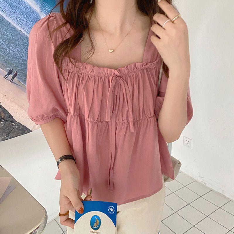 French Square Collar Short-Sleeved Shirt For Women Loose 2024 Style Retro Babydoll Shirt Design Short Top - Image 2