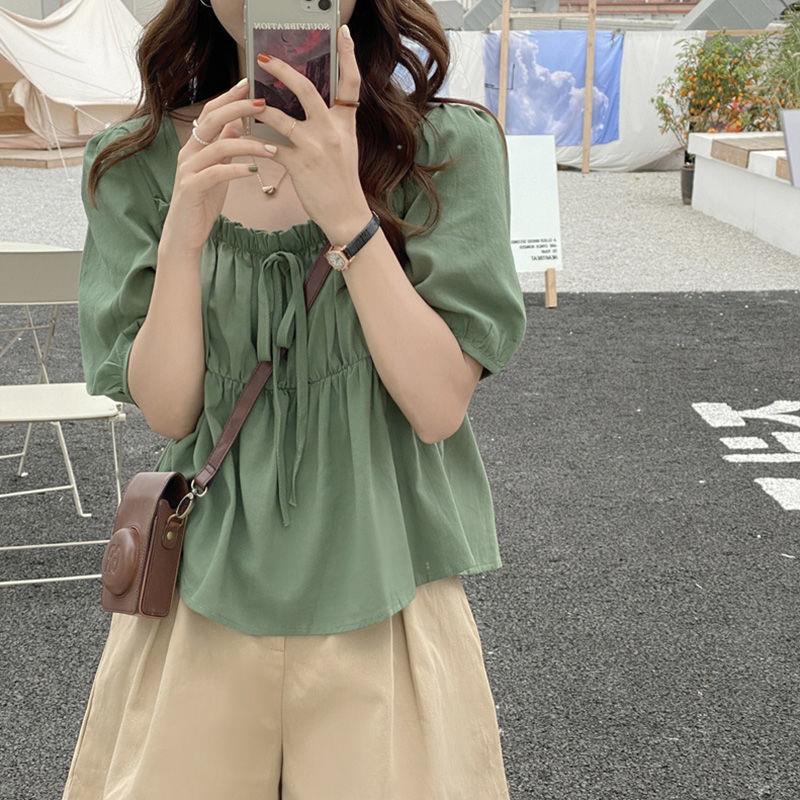 French Square Collar Short-Sleeved Shirt For Women Loose 2024 Style Retro Babydoll Shirt Design Short Top - Image 3