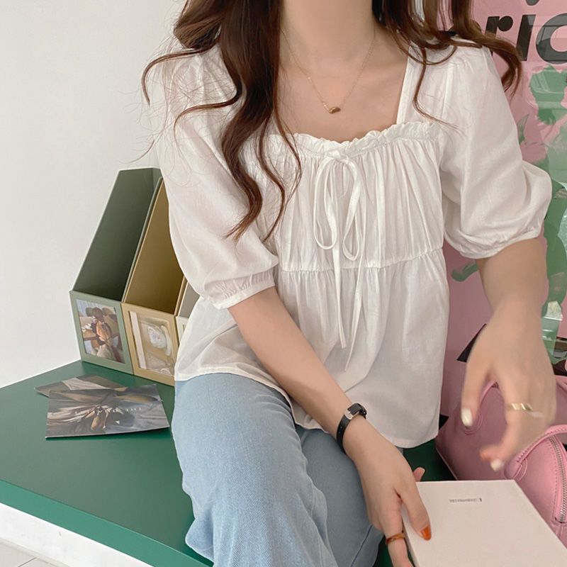 French Square Collar Short-Sleeved Shirt For Women Loose 2024 Style Retro Babydoll Shirt Design Short Top - Image 1