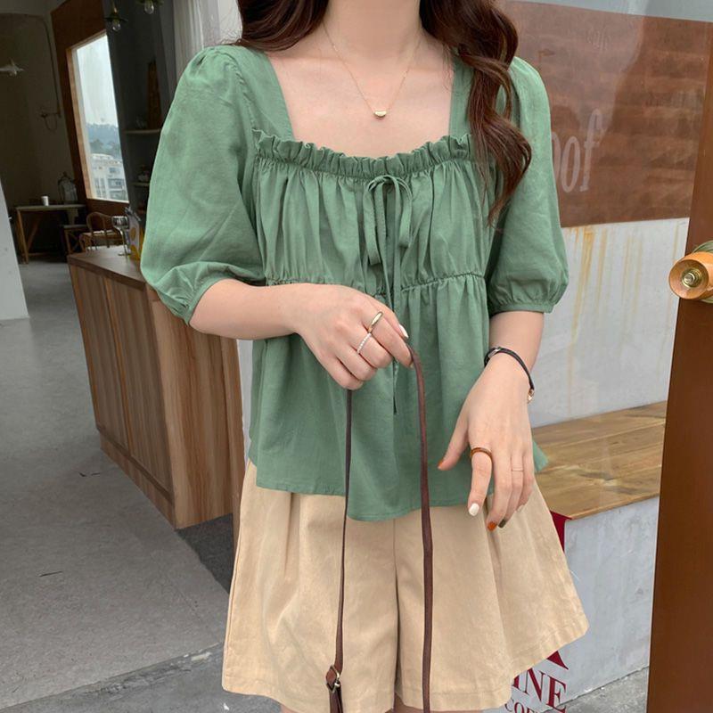 French Square Collar Short-Sleeved Shirt For Women Loose 2024 Style Retro Babydoll Shirt Design Short Top - Image 4