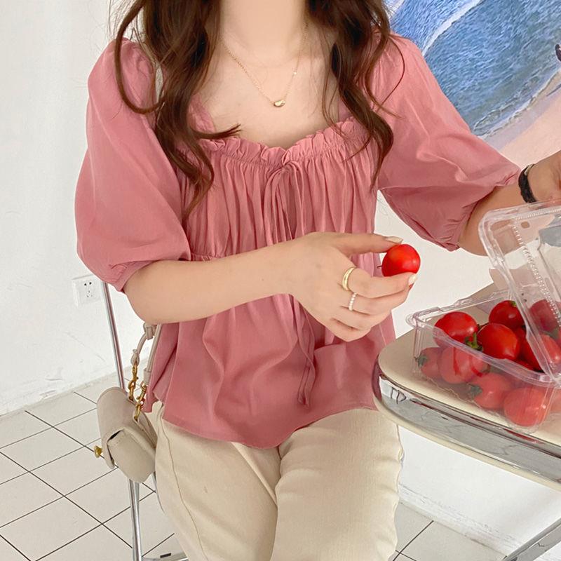 French Square Collar Short-Sleeved Shirt For Women Loose 2024 Style Retro Babydoll Shirt Design Short Top - Image 5