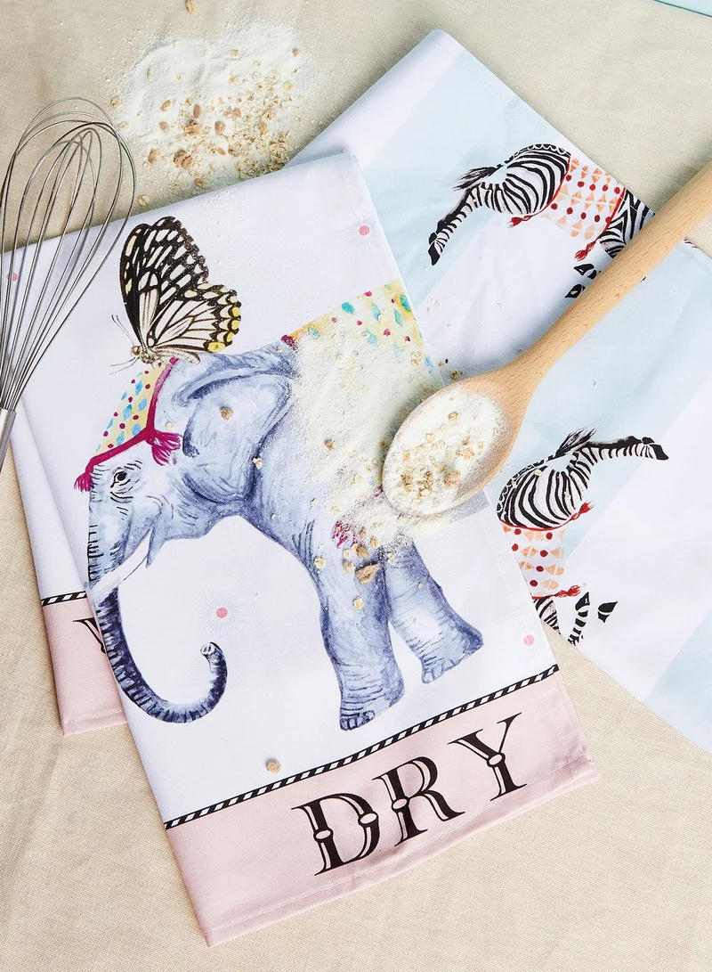 YVONNE ELLEN Set Of 2 Tea Towels Elephant And Zebra