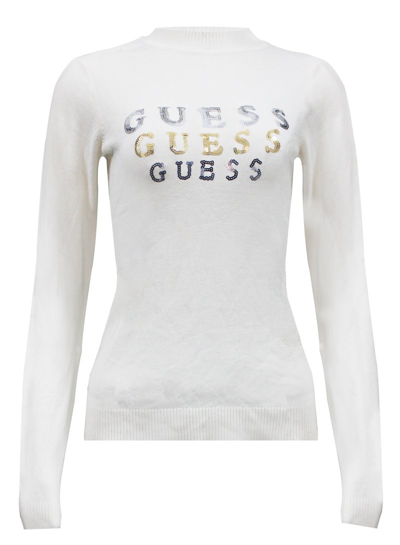 جس سترة نسائية من Guess بأكمام طويلة ورقبة دائرية باللون الأبيض - مقاس صغير - Image 3