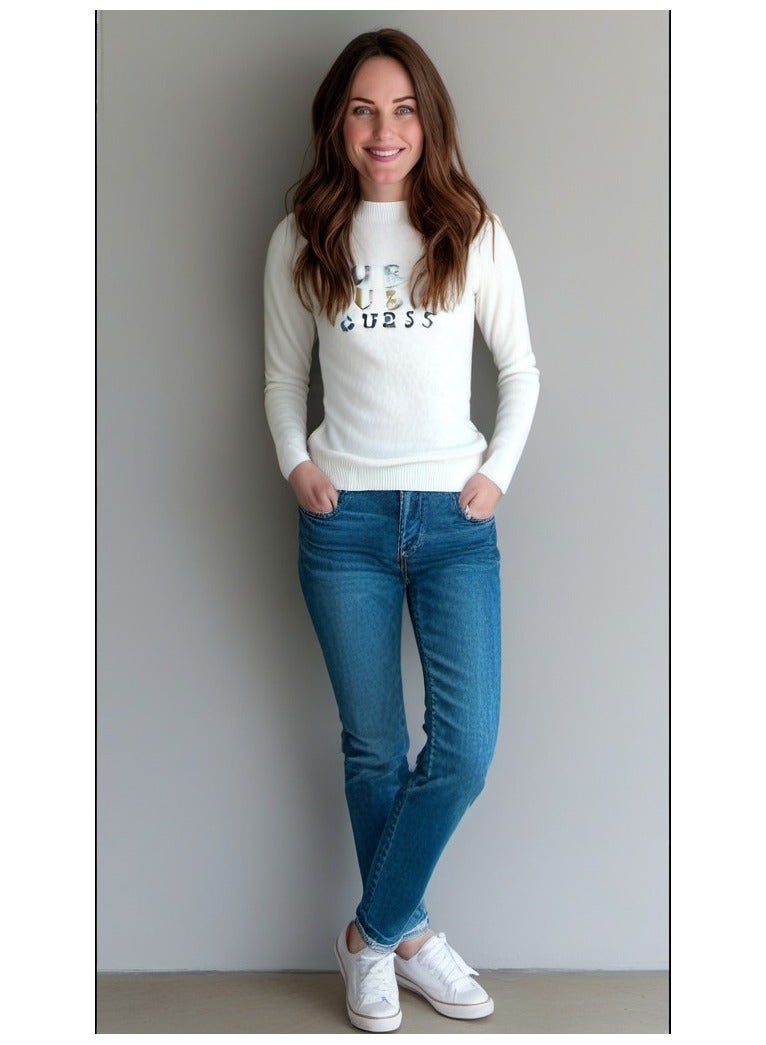 جس سترة نسائية من Guess بأكمام طويلة ورقبة دائرية باللون الأبيض - مقاس صغير - Image 1