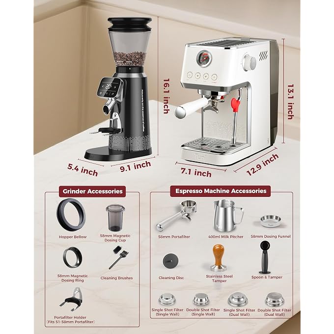 Tuni E2 Gen3 Espresso Machine with G2 70 Grinding Settings Conical Burr Coffee Grinder (Black) Combo Set - Image 2