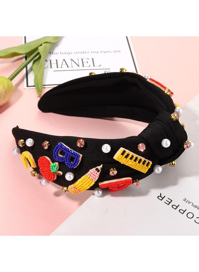 NVENF Pearl Knotted Headband With Rhinestone Beads For Women - Fri-Yay Embellished Top Knot Headband, Back To School Accessories, Teacher Appreciation Gifts (School-Black 2) - Image 2