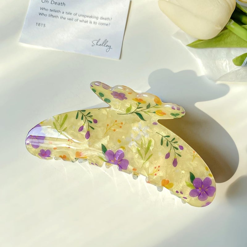 43 Floral Pattern Print Large Vintage Hair Claw Clip NonSlip Shell French Style Hair Accessories for Women Girls Thick Hair Floral Light Yellow