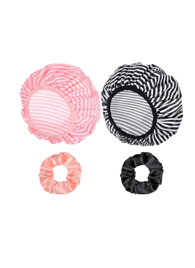 WSICSE - 2 Packs Large Shower Cap, Waterproof Reusable Shower Cap Double Layers Bath Caps with Hair Scrunchies for Long Thick Hair - Image 1