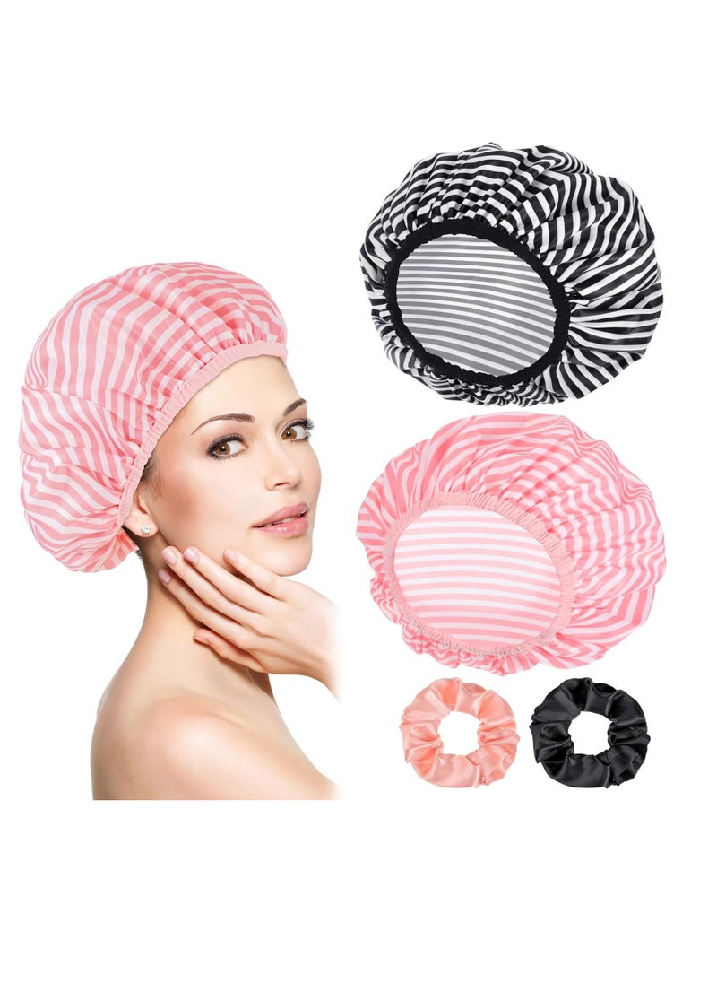 WSICSE - 2 Packs Large Shower Cap, Waterproof Reusable Shower Cap Double Layers Bath Caps with Hair Scrunchies for Long Thick Hair - Image 1
