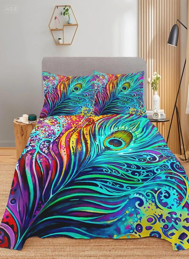 soxuding Hippie Feather Sheets Full Size Set，Boho Peacock Fitted Sheets (2 Pillowcase) Soft Microfiber for Boys Girls - Image 2