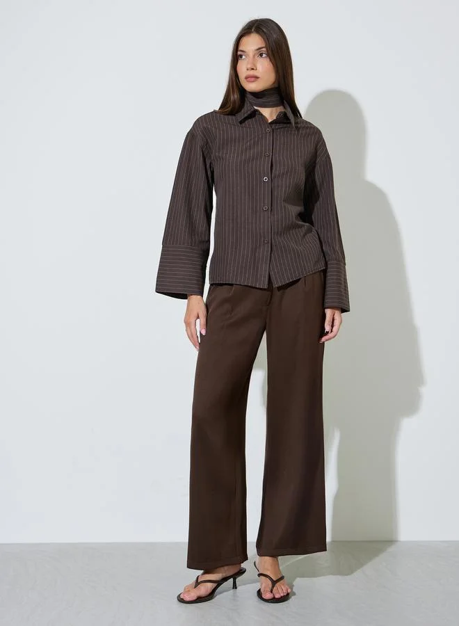 ستايلي Brown Pinstripe Long Sleeve Shirt with Scarf Detail