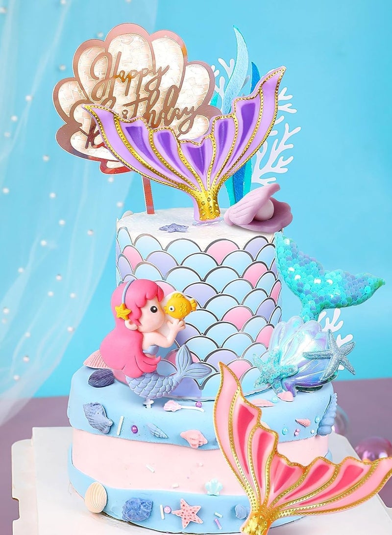 Zikra Mermaid Cake Topper, 6 Pcs Under the Sea Cake Decoration Seashell Cake Topper Mermaid Tail Cake Topper Mermaid Party Supplies Sea Star Cake Toppers - Image 4