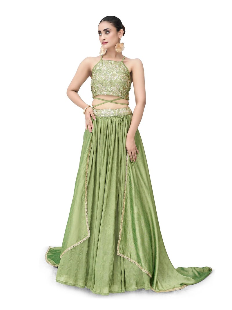 PURVAJA Women's Silk Semi-Stitched Lehenga choli (Yashi-Lime_Free Size) - Image 5