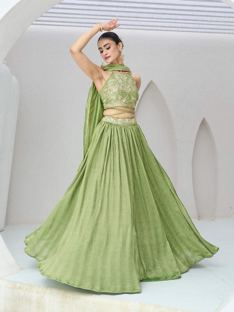 PURVAJA Women's Silk Semi-Stitched Lehenga choli (Yashi-Lime_Free Size) - Image 2