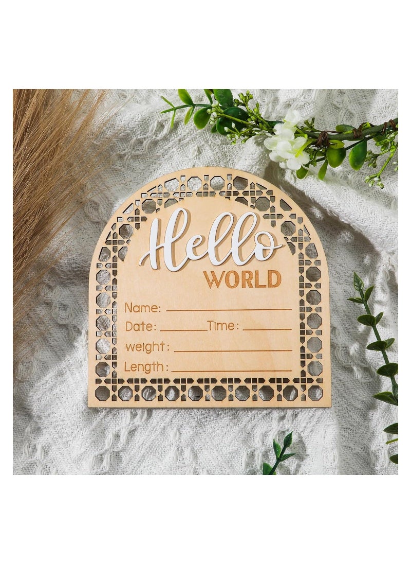 SYOSI Wooden Newborn Announcement Sign, Rattan Hello World Birth Announcement Sign, Baby Name Plaque for Girl Boy Photo Prop Baby Shower Nursery Hospital, Baby Shower Gift  - Image 1