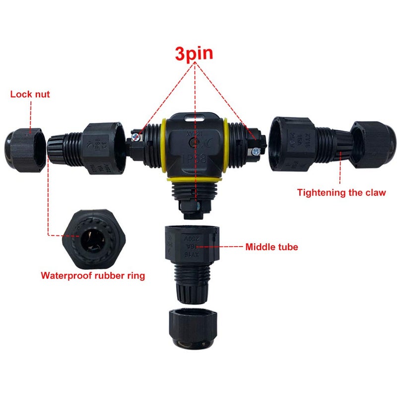 QitinDasen QitinDasen 2Pcs Premium T-Shape Waterproof Junction Box Outdoor Cable Connector, IP68 Waterproof 3 Way Cable Connector External Sleeve Coupler 5～9mm (Black, PA66)  - Image 2