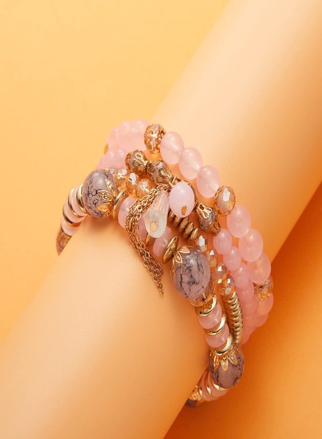 FUTIMELY Bohemian Crystal Beaded Bracelets Set for Women,Dainty Handmade Multilayer Colorful Charm Bracelet Beaded Stackable Stretch Bracelet Jewelry (Pink) - Image 4