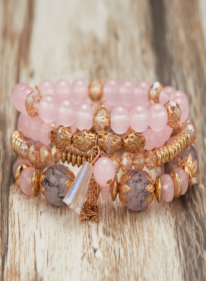 FUTIMELY Bohemian Crystal Beaded Bracelets Set for Women,Dainty Handmade Multilayer Colorful Charm Bracelet Beaded Stackable Stretch Bracelet Jewelry (Pink) - Image 5