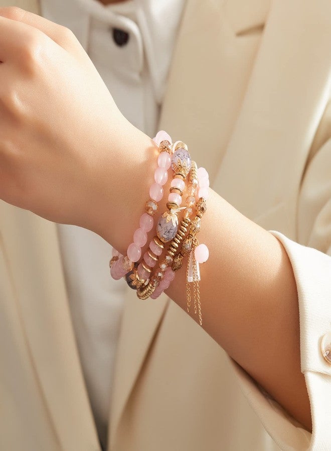 FUTIMELY Bohemian Crystal Beaded Bracelets Set for Women,Dainty Handmade Multilayer Colorful Charm Bracelet Beaded Stackable Stretch Bracelet Jewelry (Pink) - Image 3