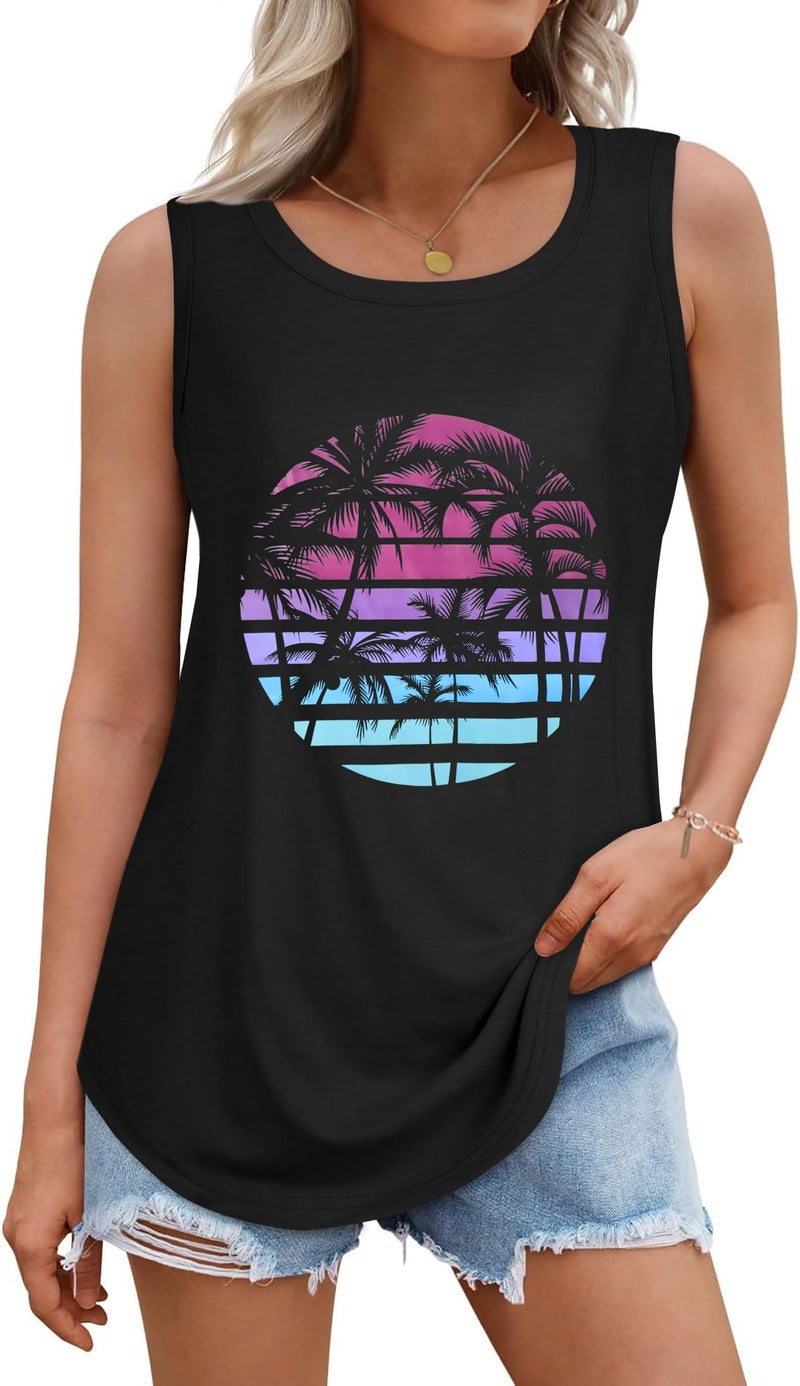 rosemia Tank Tops for Women Summer Sleeveless Casual Loose Fit Tunic Tops, Black Seaside Coconut, XL - Image 1