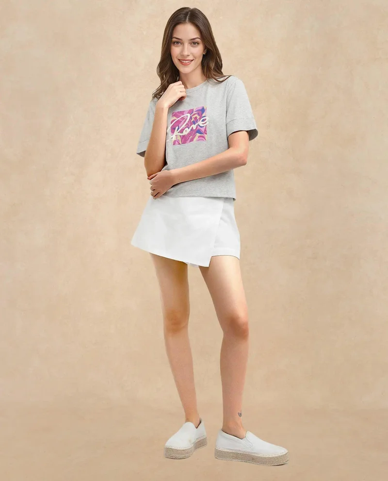 Rareism Women's Chest Graphic Print Boxy Fit T-Shirt