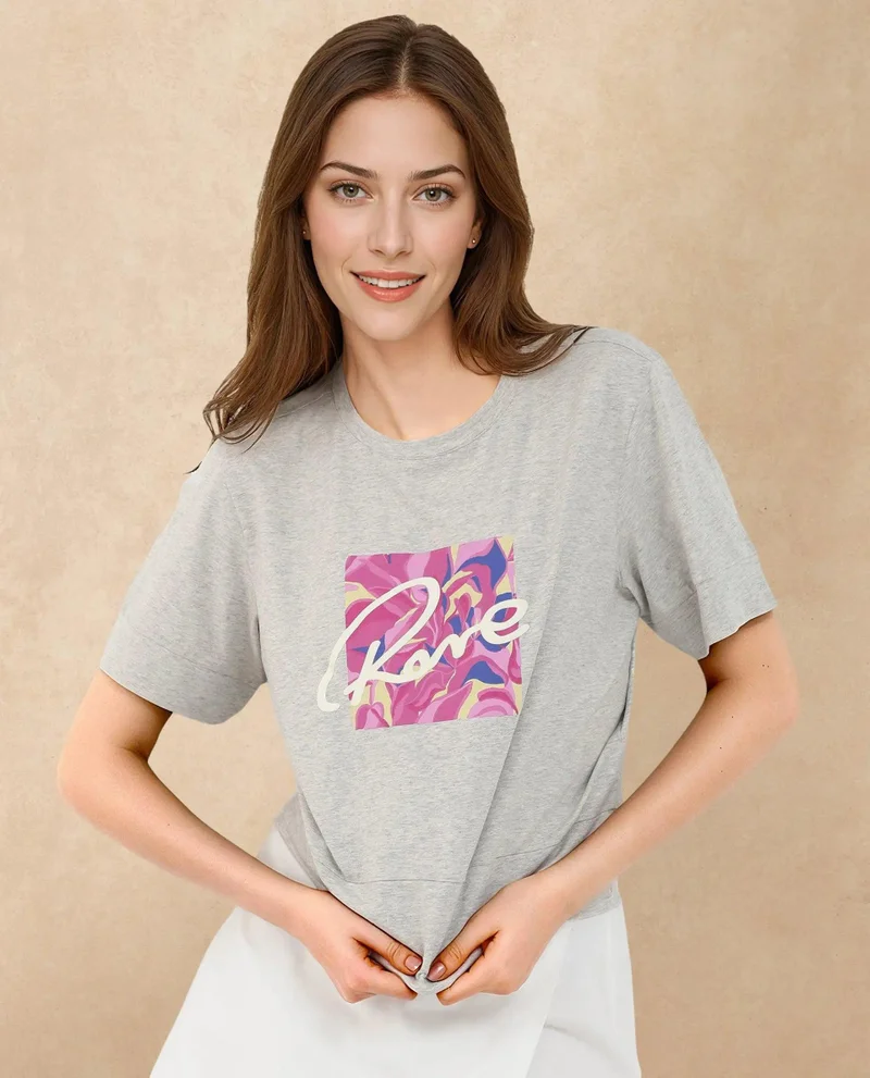 Rareism Women's Chest Graphic Print Boxy Fit T-Shirt