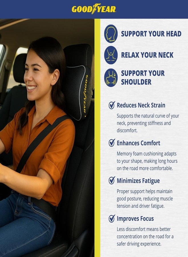 Goodyear Car Neck Pillow, Soft Memory Foam Headrest Pillow for Driving, Ergonomic Car Seat Headrest Cushion with Adjustable Strap, Breathable & Removable Cover, Neck Pain Relief, Black - Image 5