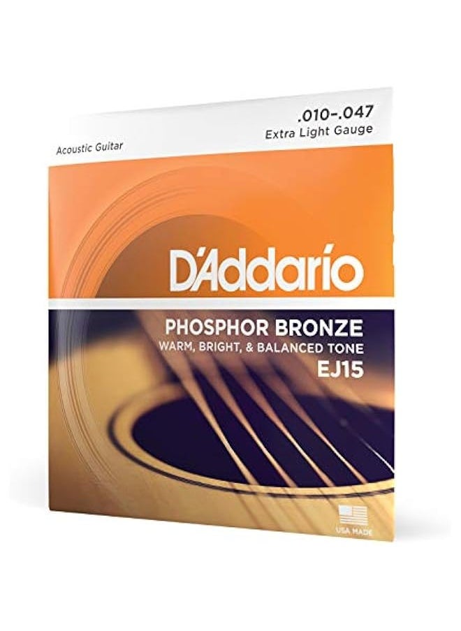 D'Addario - Guitar Strings - Phosphor Bronze Acoustic Guitar Strings - EJ15 - Rich, Full Tonal Spectrum - For 6 String Guitars - 10-47 Extra Light - Image 1