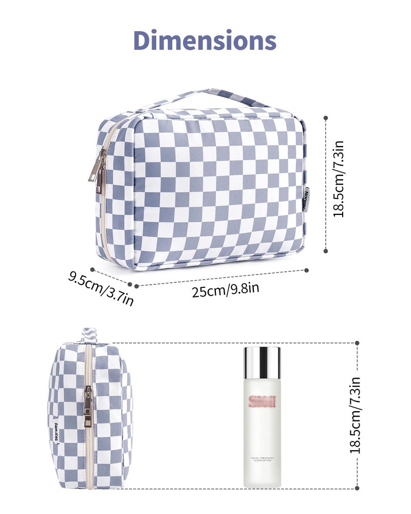 Narwey Small Hanging Travel Toiletry Bag for Women, Travel Bag for Toiletries, Checkered Makeup Bag Organizer Cosmetic Bags Make Up Bags for Girls (Grayish Blue Checkerboard) - Image 5