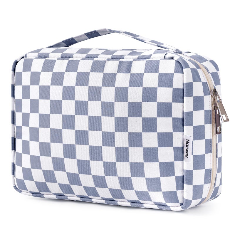 Narwey Small Hanging Travel Toiletry Bag for Women, Travel Bag for Toiletries, Checkered Makeup Bag Organizer Cosmetic Bags Make Up Bags for Girls (Grayish Blue Checkerboard) - Image 1