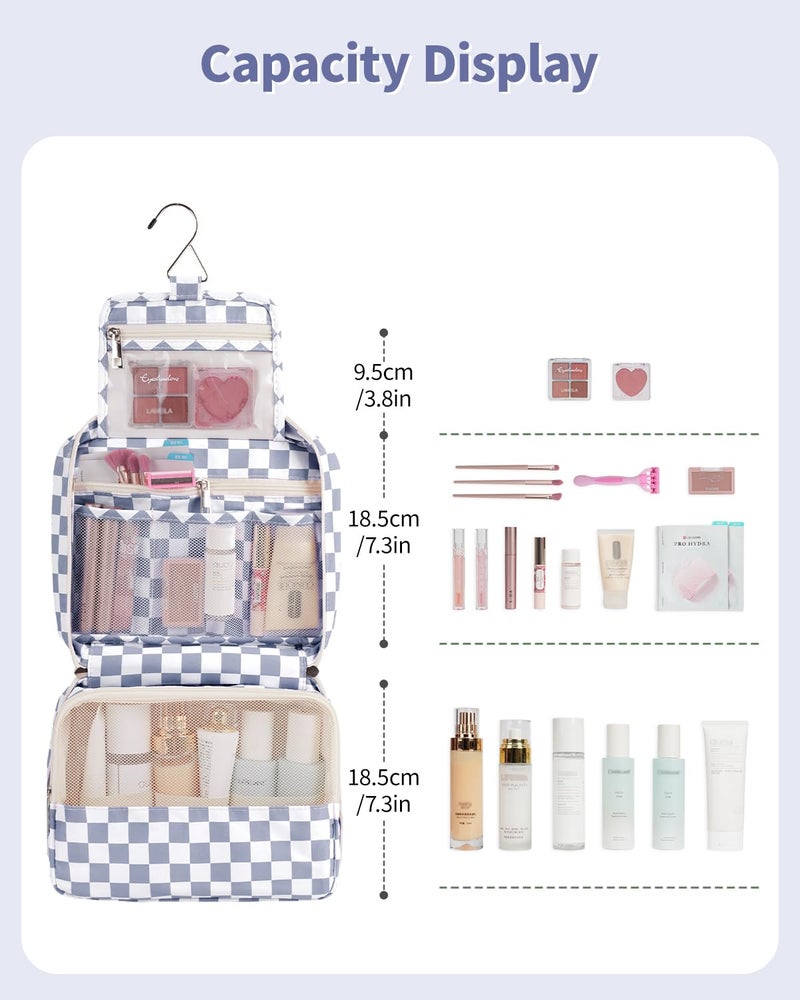 Narwey Small Hanging Travel Toiletry Bag for Women, Travel Bag for Toiletries, Checkered Makeup Bag Organizer Cosmetic Bags Make Up Bags for Girls (Grayish Blue Checkerboard) - Image 4