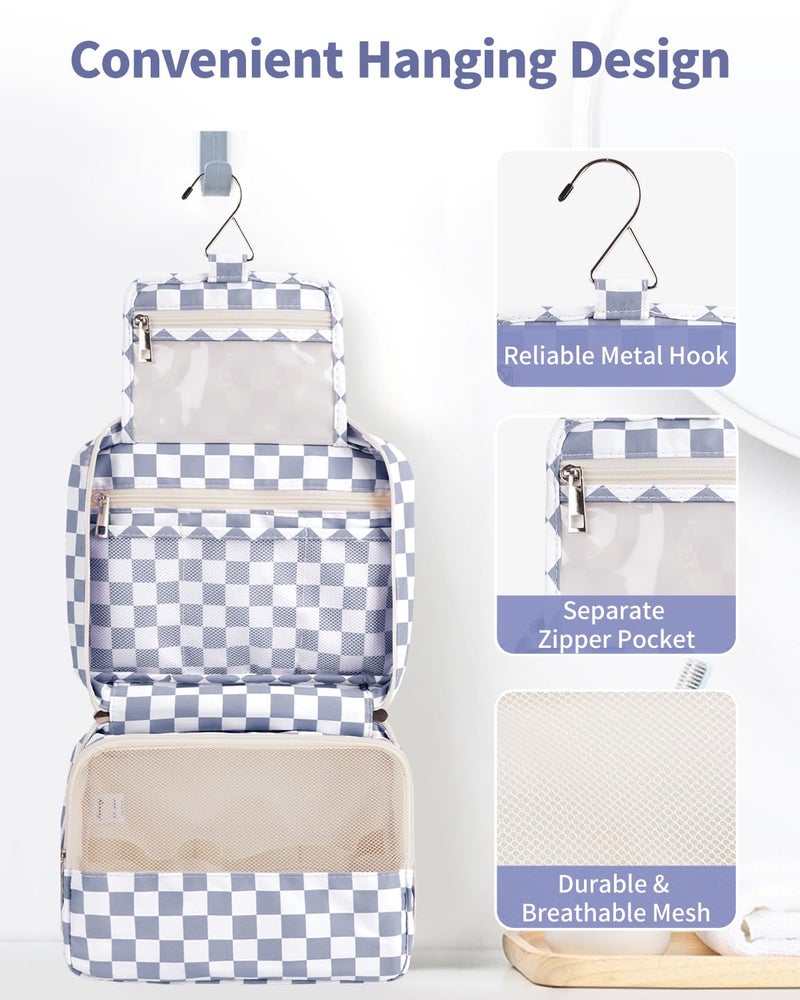 Narwey Small Hanging Travel Toiletry Bag for Women, Travel Bag for Toiletries, Checkered Makeup Bag Organizer Cosmetic Bags Make Up Bags for Girls (Grayish Blue Checkerboard) - Image 2
