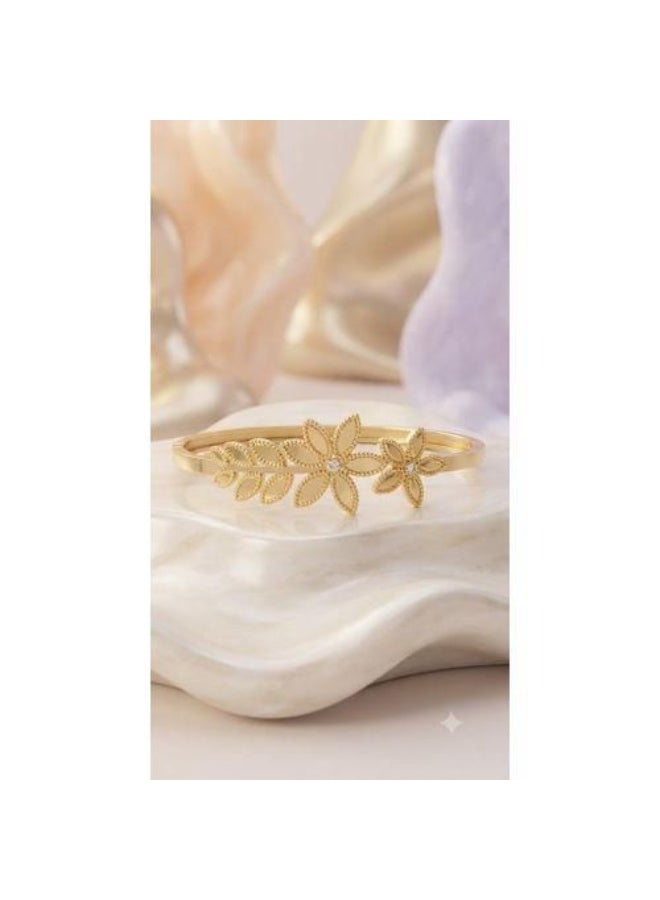 Stainless Steel Floral & Leaf Bangle Bracelet, Gold Finish with Crystal Accents