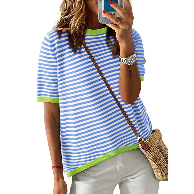 Women's Round Neck Striped Contrast Short Sleeve Casual Sweater - Image 3