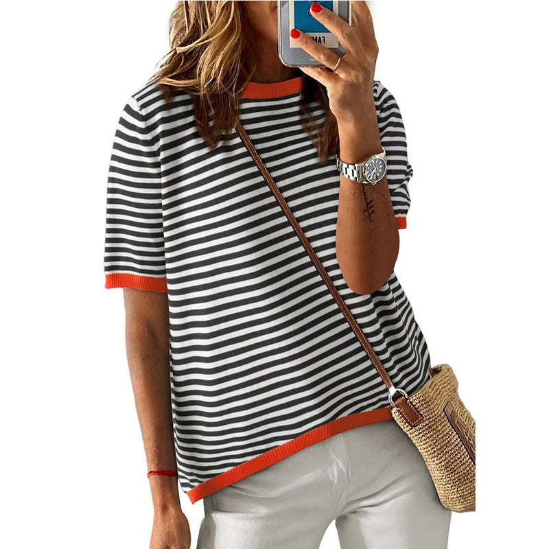Women's Round Neck Striped Contrast Short Sleeve Casual Sweater - Image 5