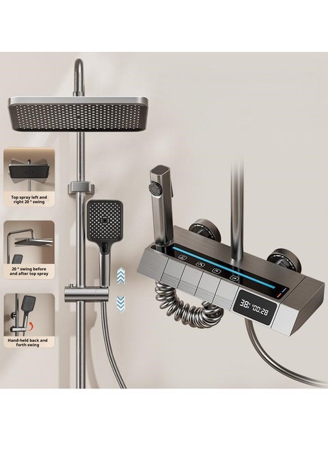 Piano Key Shower Faucet Set Bathroom Rainfall Showers Kit Gray Digital Display Shower System 4 Function Bathroom Rain Shower Combo Set Brass Bathtub Faucet With 3 Mode Hand Shower And Bidet Sprayer